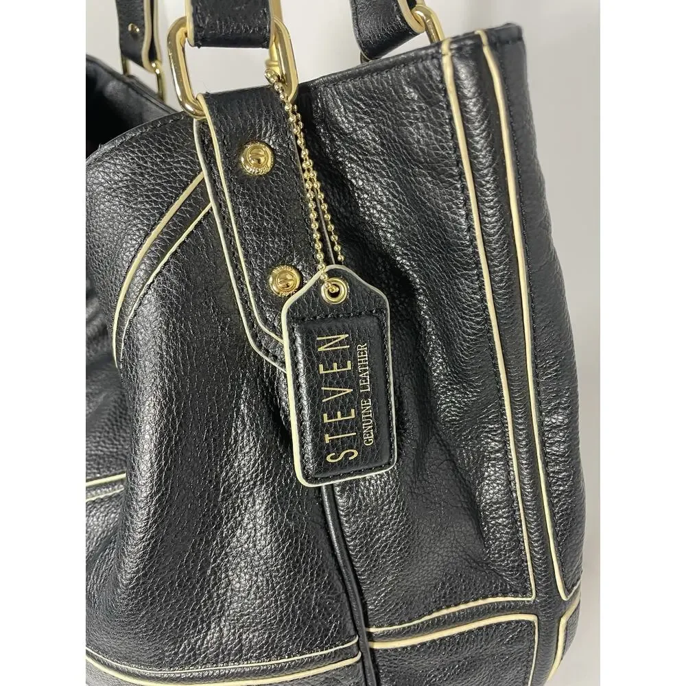 Steven by Steve Madden Leather Large Tote Bag Purse Hobo Black w/Ivory Trim
